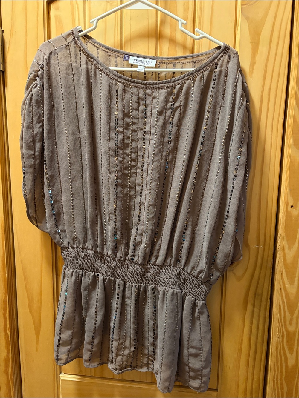 Jennifer Lopez Taupe Sequin-Striped Peplum Long-Sleeve Dress